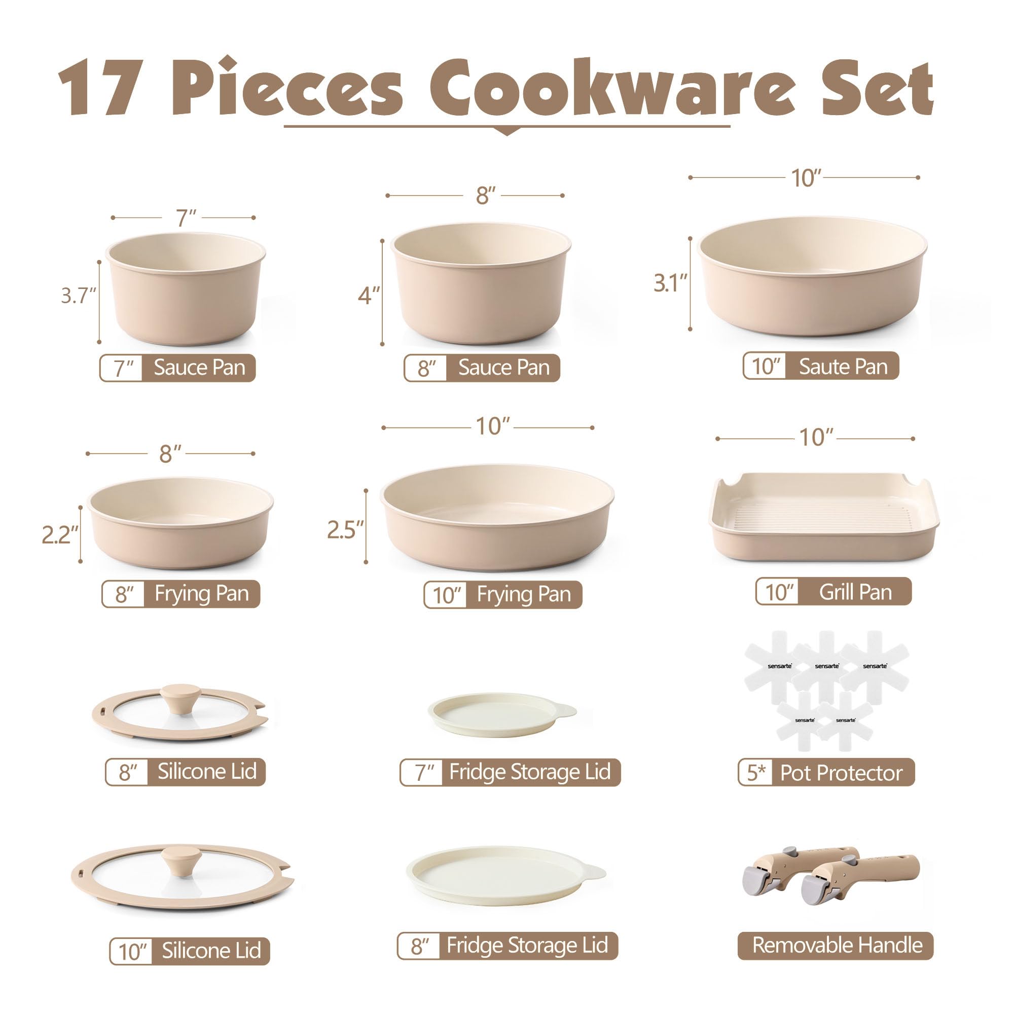 SENSARTE 17 Piece Ceramic Pots and Pans Set, Nonstick Detachable Handle Cookware, Induction Kitchen Cookware Set with Removable Handle, Dishwasher ＆ Oven Safe (Almond Beige) 🍁 All In One Marketplace Canada