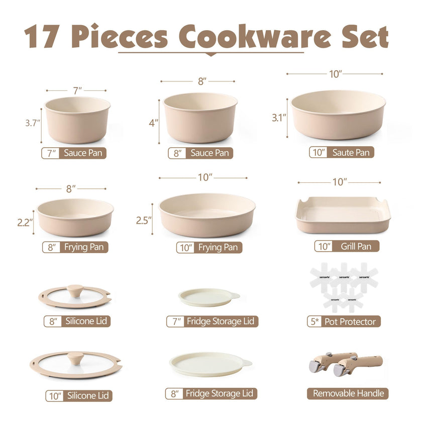 SENSARTE 17 Piece Ceramic Pots and Pans Set, Nonstick Detachable Handle Cookware, Induction Kitchen Cookware Set with Removable Handle, Dishwasher ＆ Oven Safe (Almond Beige) 🍁 All In One Marketplace Canada