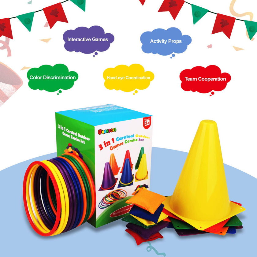 unanscre 31PCS 3 in 1 Carnival Outdoor Games Combo Set for Kids, Soft Plastic Cones Bean Bags Ring Toss Game, Gift for Birthday Party/Xmas 🍁 All In One Marketplace Canada
