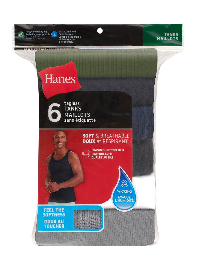 Hanes Men’s Ribbed Tank, Cotton Undershirt Tank, 6-Pack, Assorted, Size Small 🍁 All In One Marketplace Canada