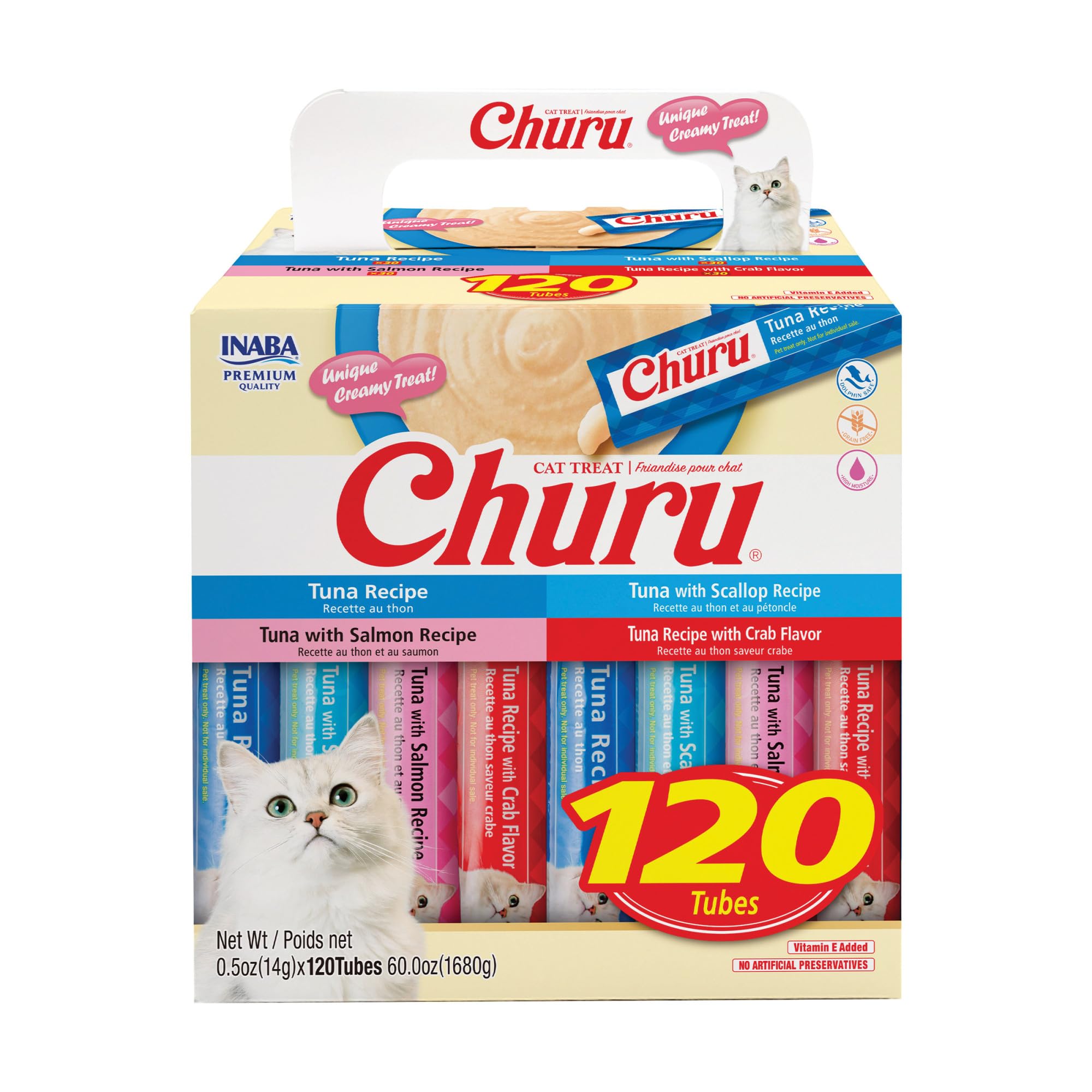 INABA Churu Cat Treats, Lickable, Squeezable Creamy Purée with Vitamin E, 14 Grams per Tube, 120 Tubes Total, Tuna Variety 🍁 All In One Marketplace Canada