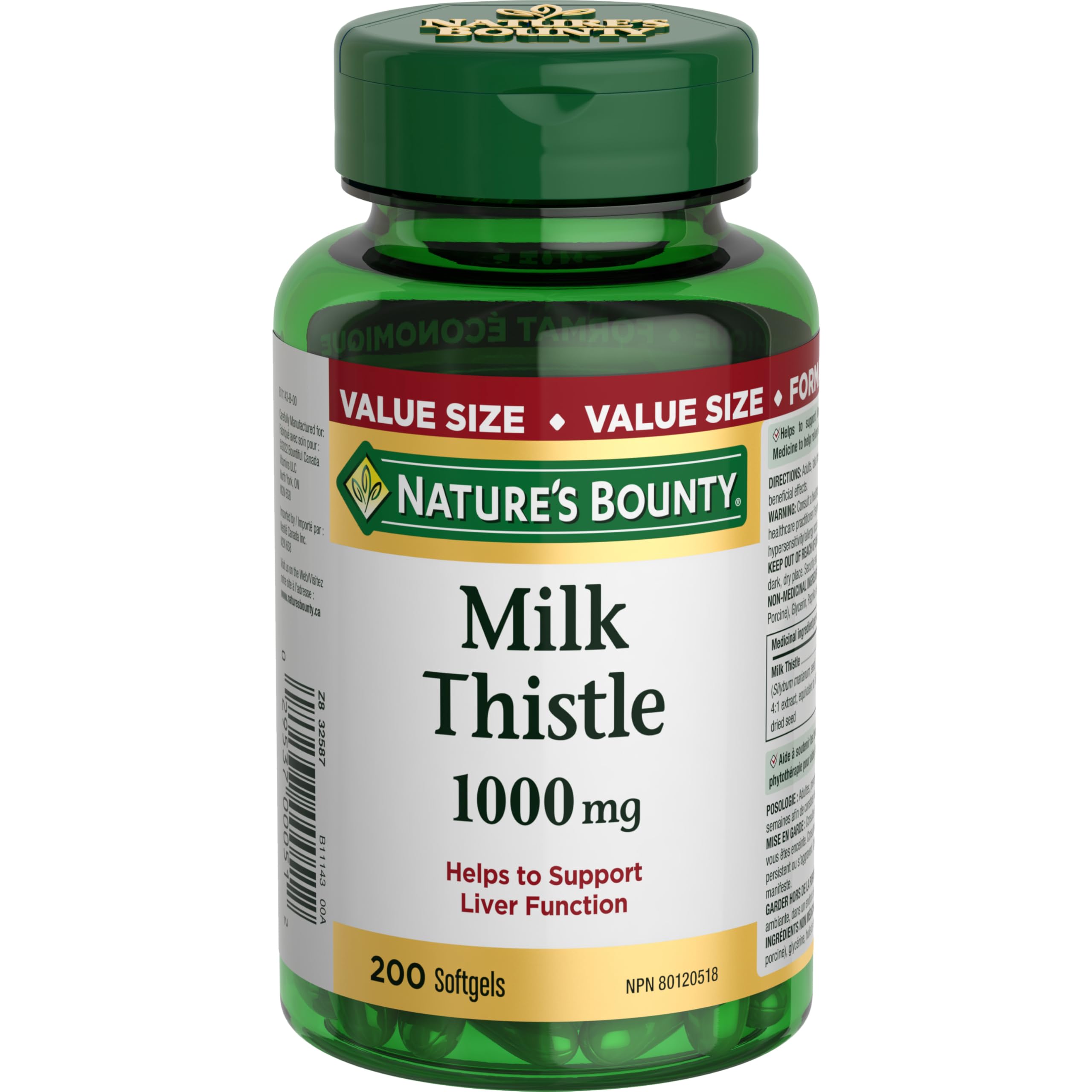 NATURE'S BOUNTY Milk Thistle, 1000 mg, Helps Support Liver Function, 200 Softgels, 229 g 🍁 All In One Marketplace Canada