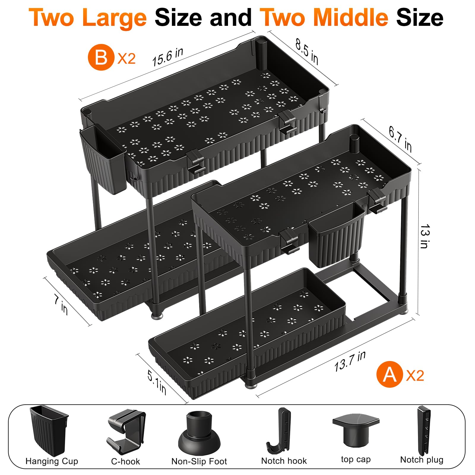 Sevenblue 4 Pack Under Sink Organizer and Storage,Bathroom Organizers, Multi-Use Under Sink Organizer for Bathroom and Kitchen with Sliding Drawer, Hang Hooks and Cup (Black, L) 🍁 All In One Marketplace Canada