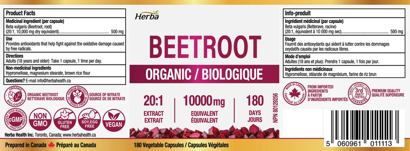 Herba 10,000mg Organic BeetRoot Capsules – 180 Count | 20:1 Beet Root Powder in Capsule | Nitric Oxide Supplements for Men & Women | Made in Canada 🍁 All In One Marketplace Canada