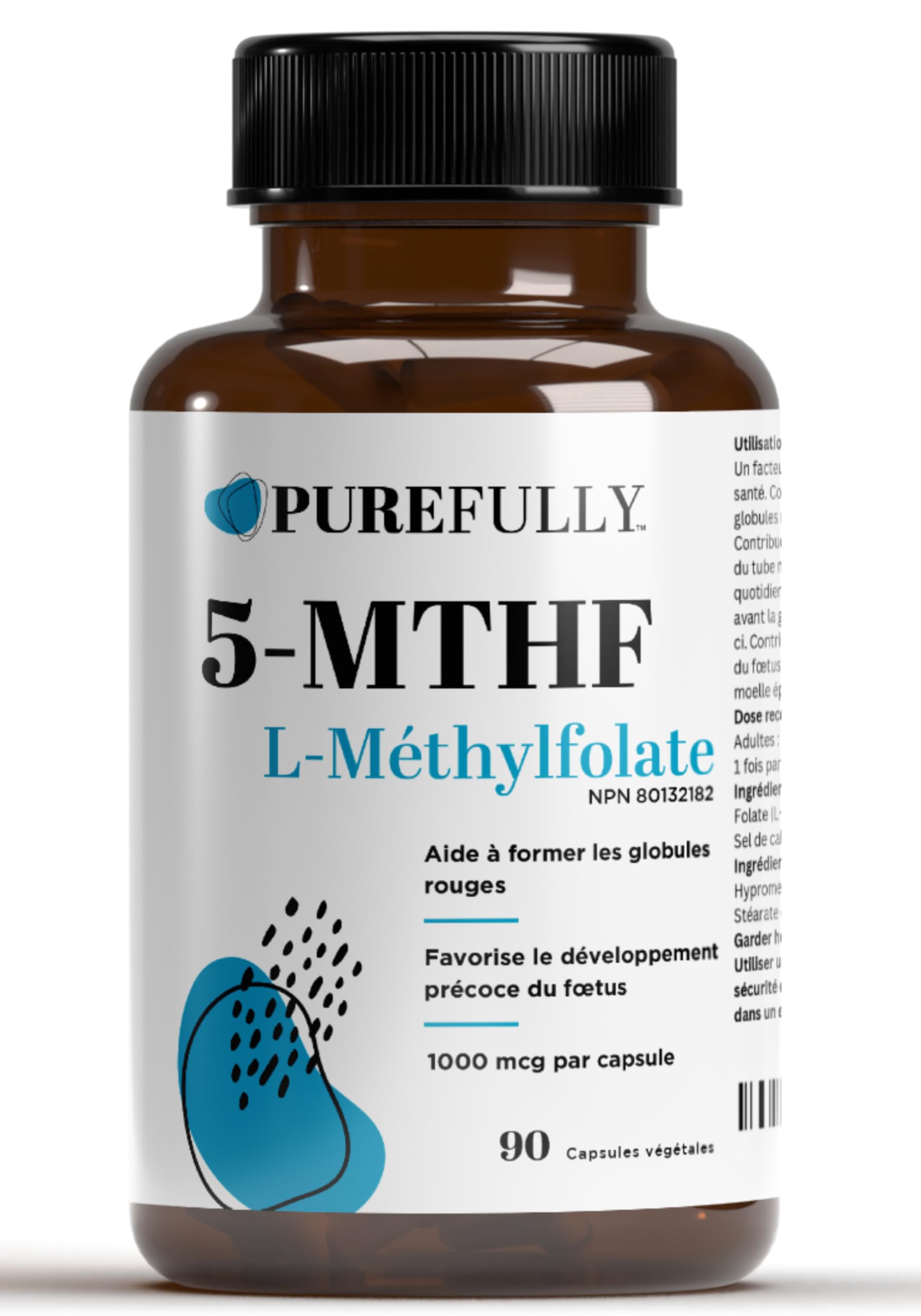 PUREFULLY 5-MTHF 1000mcg, 90 Capsules - L Methylfolate (Active Form of Vitamin B9 Folate) Supplement - Supports Cardiovascular Health and Early Fetal Development 🍁 All In One Marketplace Canada