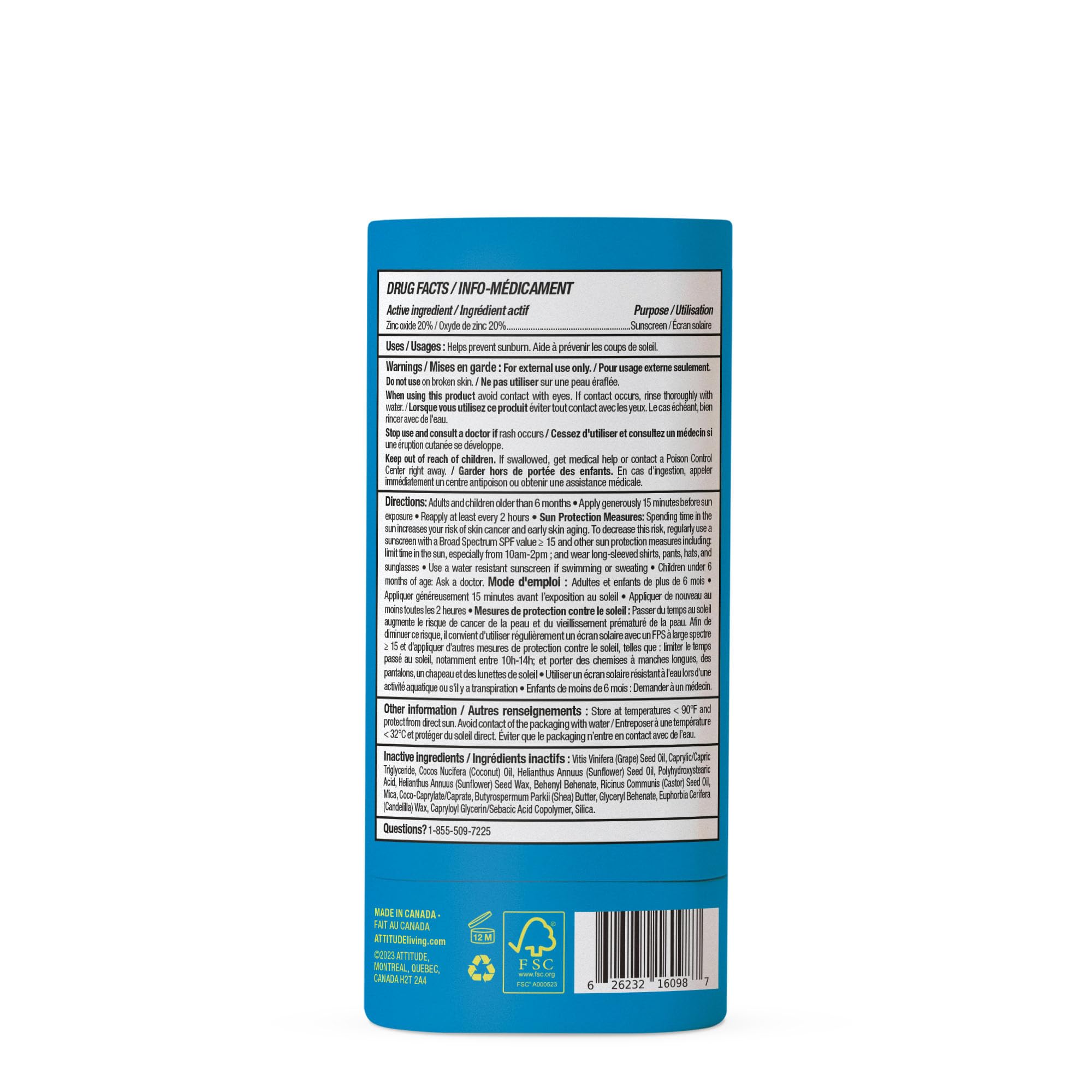 ATTITUDE Mineral Sunscreen Stick for Kids, SPF 30, Made in Canada, EWG Verified,Plastic-Free, Broad Spectrum UVA/UVB Protection with Zinc Oxide, Dermatologically Tested, Vegan, Unscented, 60 grams 🍁 All In One Marketplace Canada
