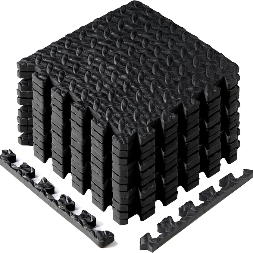 Yes4All EVA Interlocking Mats, Puzzle Floor Tiles, Foam Floor Padding with Border for Furniture, Home Space, Living Room, Garage - Black, 1.02 m2 🍁 All In One Marketplace Canada