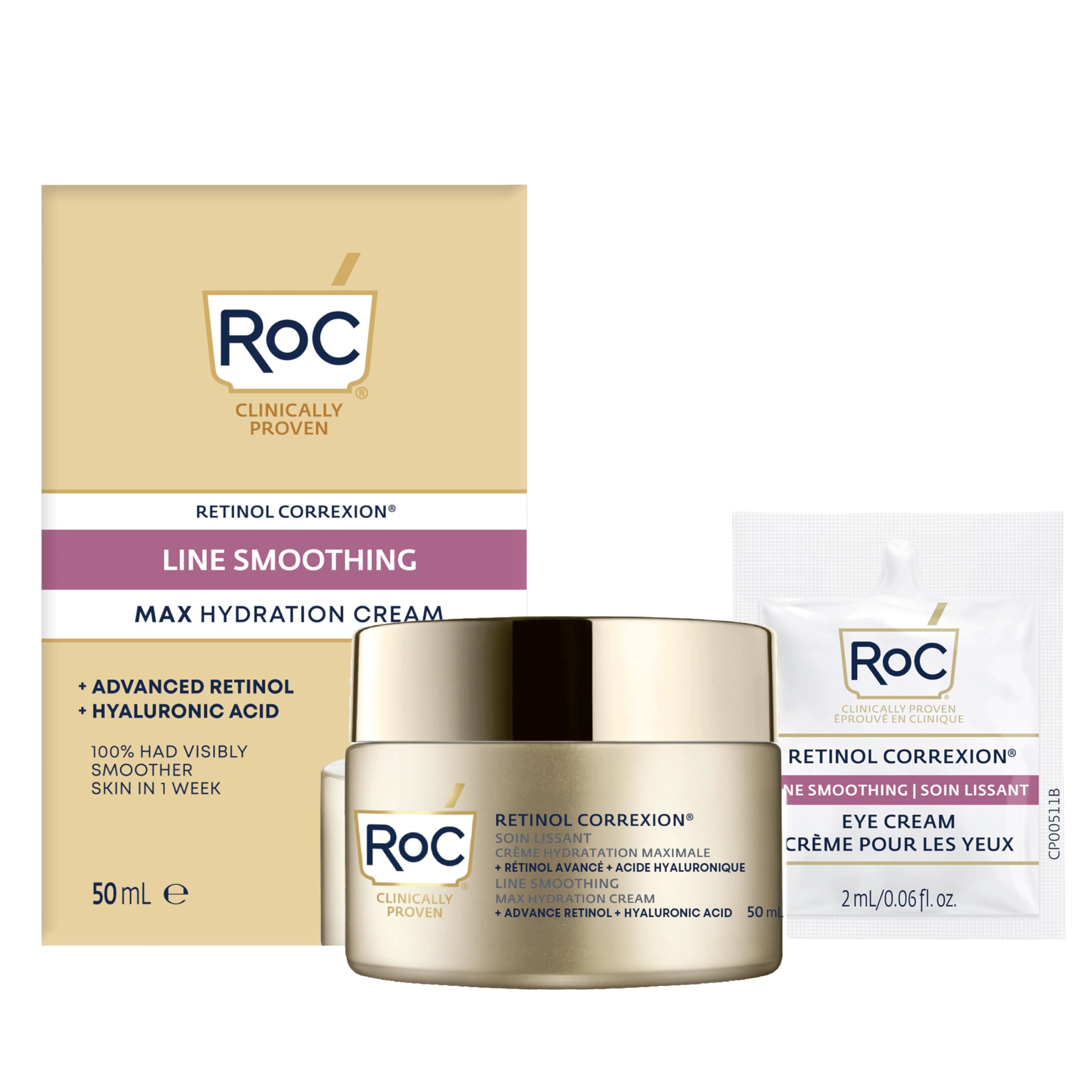 RoC Retinol Correxion Max Daily Hydration Anti-Aging Face Moisturizer with Hyaluronic Acid, Oil Free Skin Care Cream for Fine Lines, Dark Spots, Post-Acne Scars, 50ml, with Retinol Eye Cream Packette 🍁 All In One Marketplace Canada