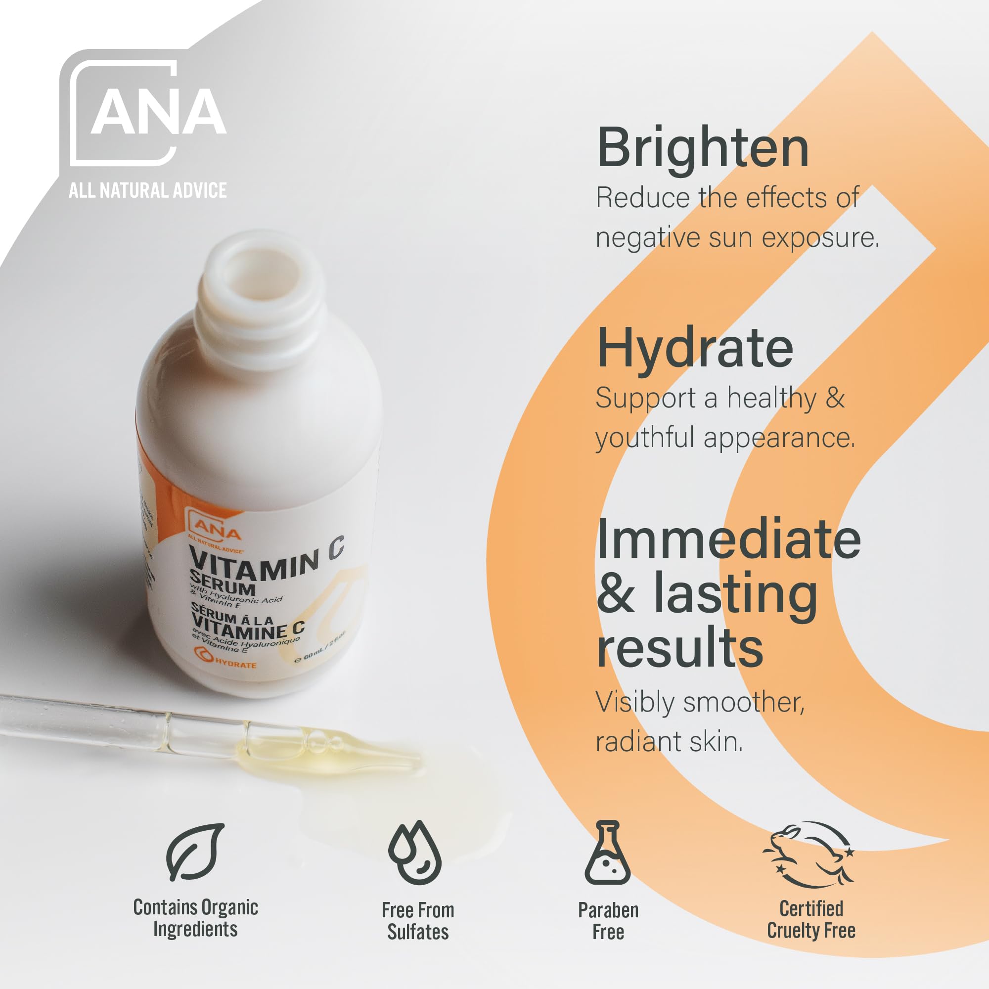 All Natural Advice Vitamin C Serum 60mL | 20% Vitamin C Face Serum Solution with Organic Botanicals, Hyaluronic Acid & Vitamin E | UV-Shielding Glass Bottle, Spray & Dropper | Canadian Skin Care 🍁 All In One Marketplace Canada