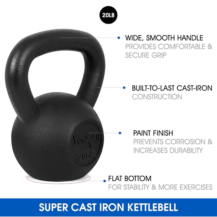 Yes4All Solid Cast Iron Kettlebell Weights Set – Great for Full Body Workout and Strength Training – Kettlebell 20 lbs (Black) 🍁 All In One Marketplace Canada