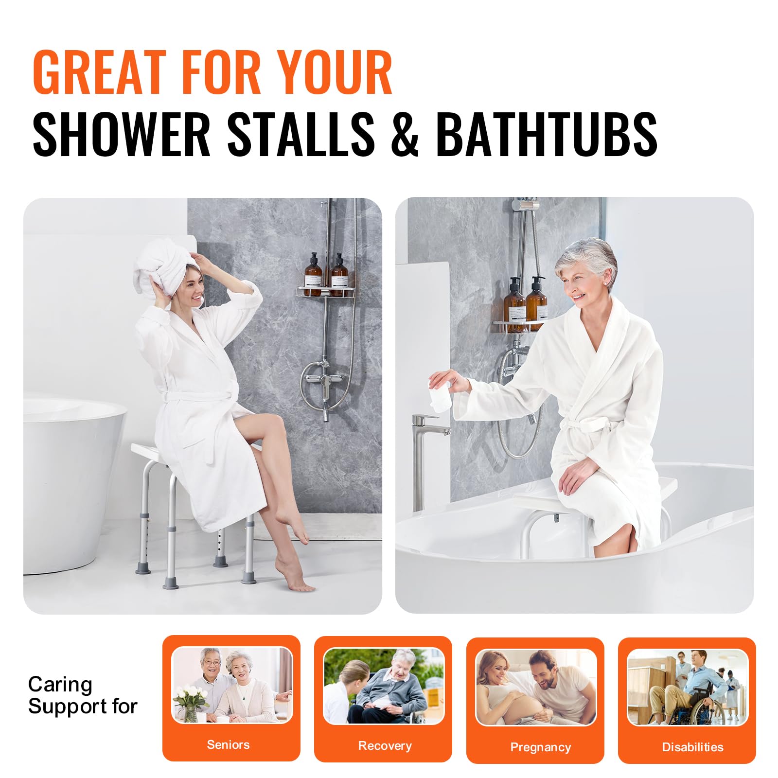 VEVOR Shower Chair, Adjustable Height Shower Stool with Built-in Handles, Shower Seat for Inside Shower or Tub, Non-Slip Bench Bathtub Stool Seat for Elderly Disabled Handicap, 158.8 kg Capacity 🍁 All In One Marketplace Canada