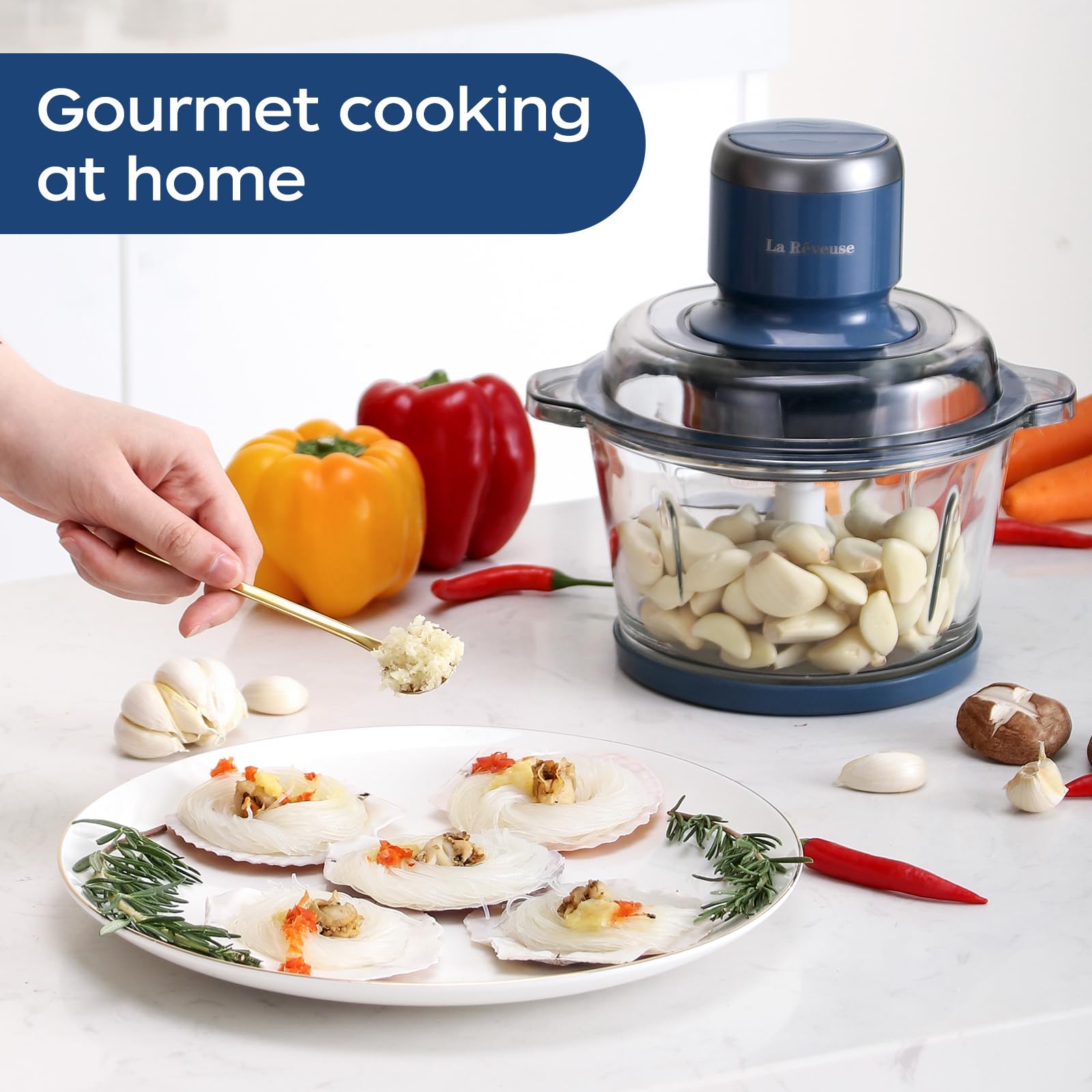 La Reveuse Food Processor,Electric Food Chopper with 7-Cup (1.7L) Glass Bowl, 4 Bi-Level Blades for Chopping,Grinding,Mincing,Whisking,Meal Prep,300W,Blue 🍁 All In One Marketplace Canada