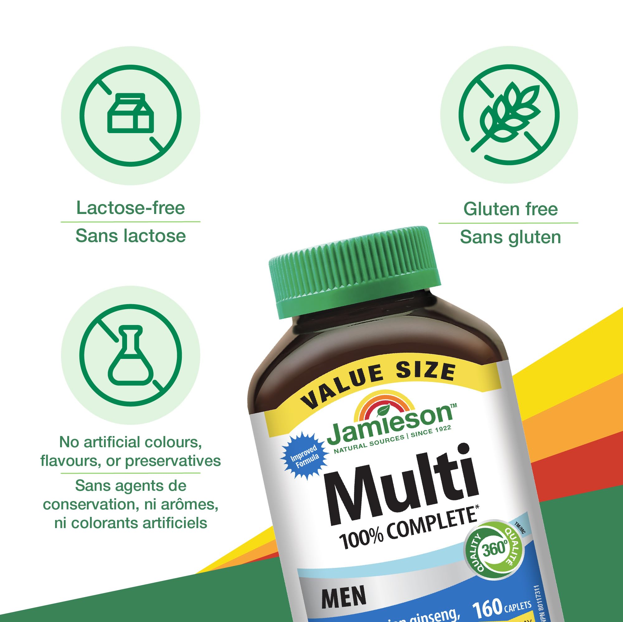 Jamieson 100% Complete Multivitamin for Men, with Siberian Ginseng, Lycopene and Selenium. Supports Eye Health, Energy, Immunity, and Everyday Health, Gluten-Free, One Per Day, 160 Caplets 🍁 All In One Marketplace Canada