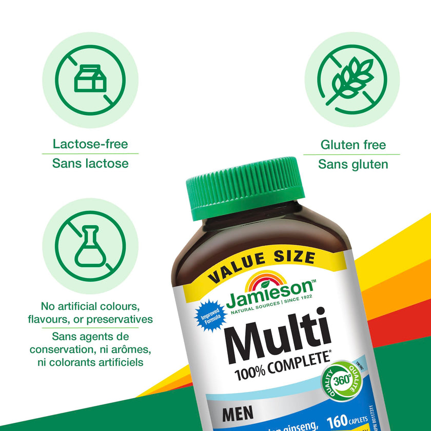 Jamieson 100% Complete Multivitamin for Men, with Siberian Ginseng, Lycopene and Selenium. Supports Eye Health, Energy, Immunity, and Everyday Health, Gluten-Free, One Per Day, 160 Caplets 🍁 All In One Marketplace Canada