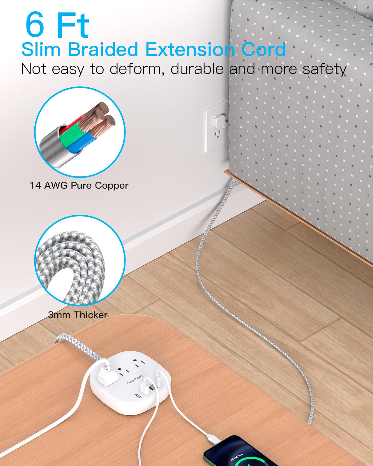 One Beat Flat Plug Power Bar with USB C, 6FT Ultra-Thin Extension Cord, 3 Outlet with 4 USB Ports (2 USB C) Desktop Charging Station, No Surge Protection for Cruise Ship, Travel Essentials, Dorm Room 🍁 All In One Marketplace Canada