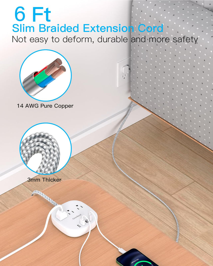One Beat Flat Plug Power Bar with USB C, 6FT Ultra-Thin Extension Cord, 3 Outlet with 4 USB Ports (2 USB C) Desktop Charging Station, No Surge Protection for Cruise Ship, Travel Essentials, Dorm Room 🍁 All In One Marketplace Canada