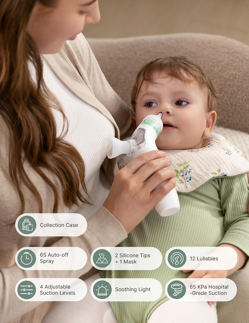Momcozy BreezyClear™ Spray and Suction 2-in-1 Electric Nasal Aspirator for Baby, 4 Adjustable Suction Levels up to 65kPa Hospital-Grade, Quiet & Portable Nose Cleaner with Soothing Light & Music 🍁 All In One Marketplace Canada
