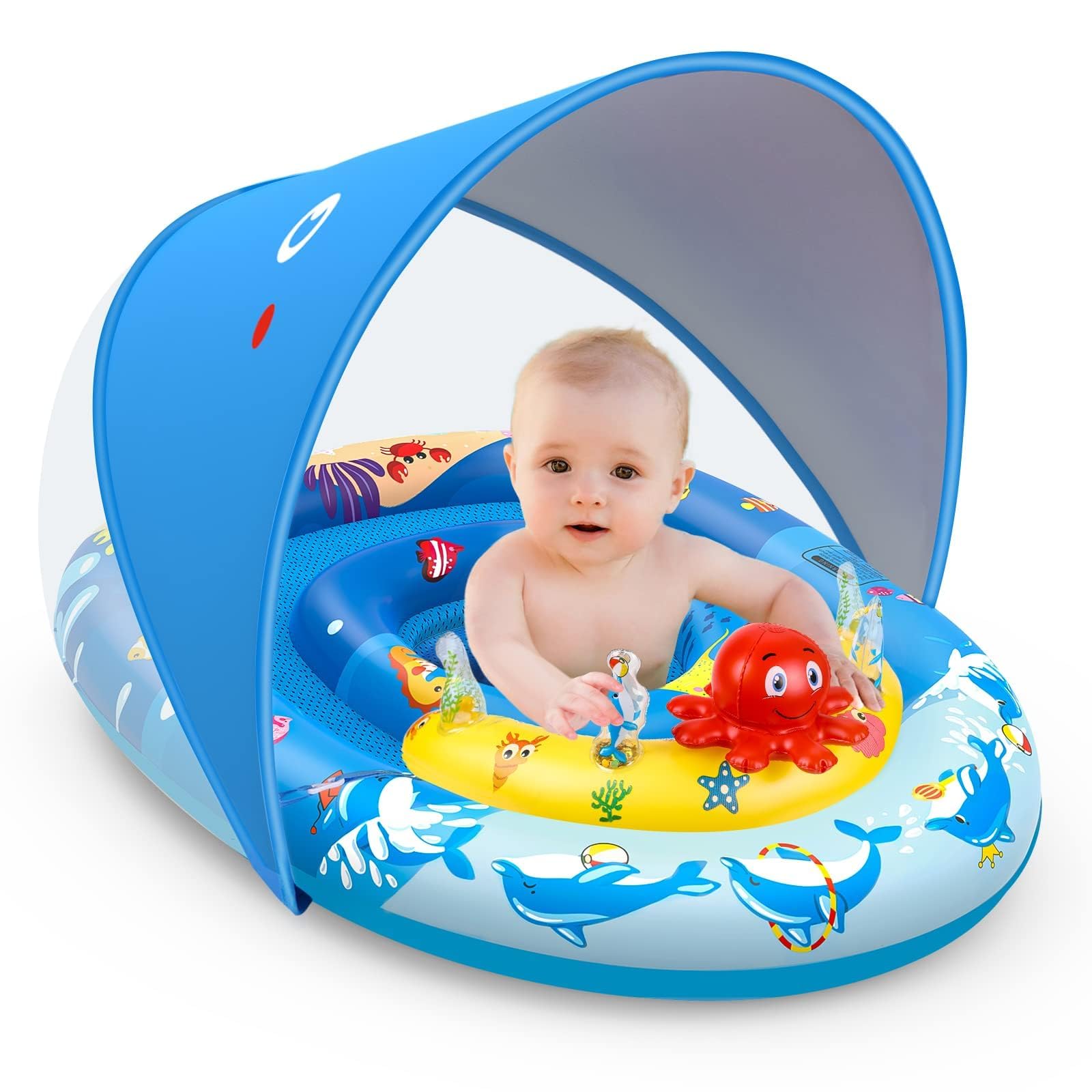EZIGO Baby Pool Float with Canopy UPF50+ Sun Protection, Inflatable Kids Pool Float with Ocean Animal Toys for Babies 6-36 Months, Infant Swimming Float with Adjustable Safety Seat for Boys Girls 🍁 All In One Marketplace Canada