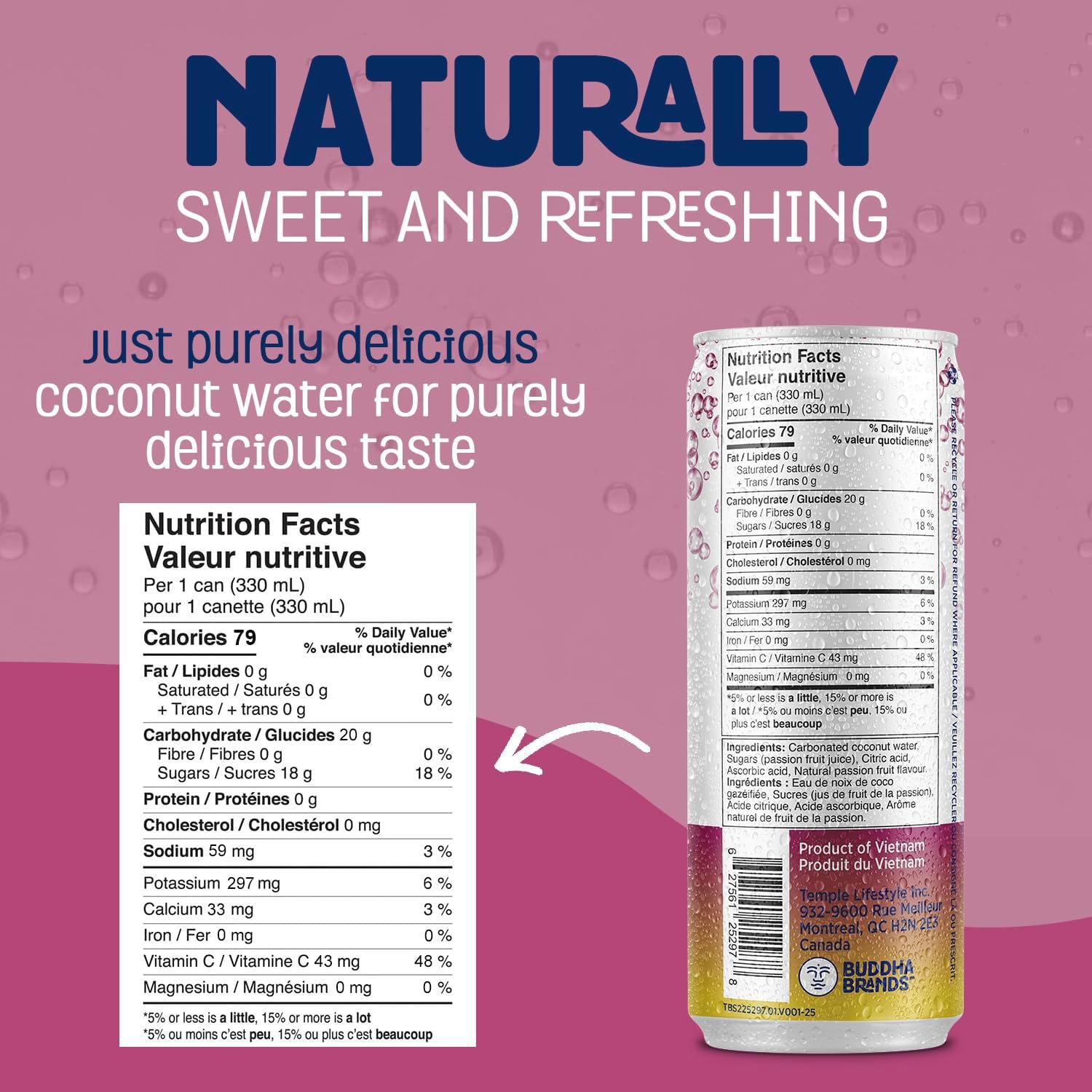 THIRSTY BUDDHA Sparkling Coconut Water with Passion Fruit, No Added Sugar, Pure Coco Drink, Natural Fruit Flavour, Electrolyte & Nutrient-Rich, 12 Pack, (12/330ml) 🍁 All In One Marketplace Canada