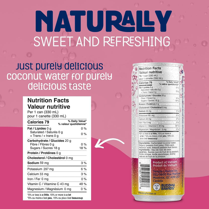 THIRSTY BUDDHA Sparkling Coconut Water with Passion Fruit, No Added Sugar, Pure Coco Drink, Natural Fruit Flavour, Electrolyte & Nutrient-Rich, 12 Pack, (12/330ml) 🍁 All In One Marketplace Canada