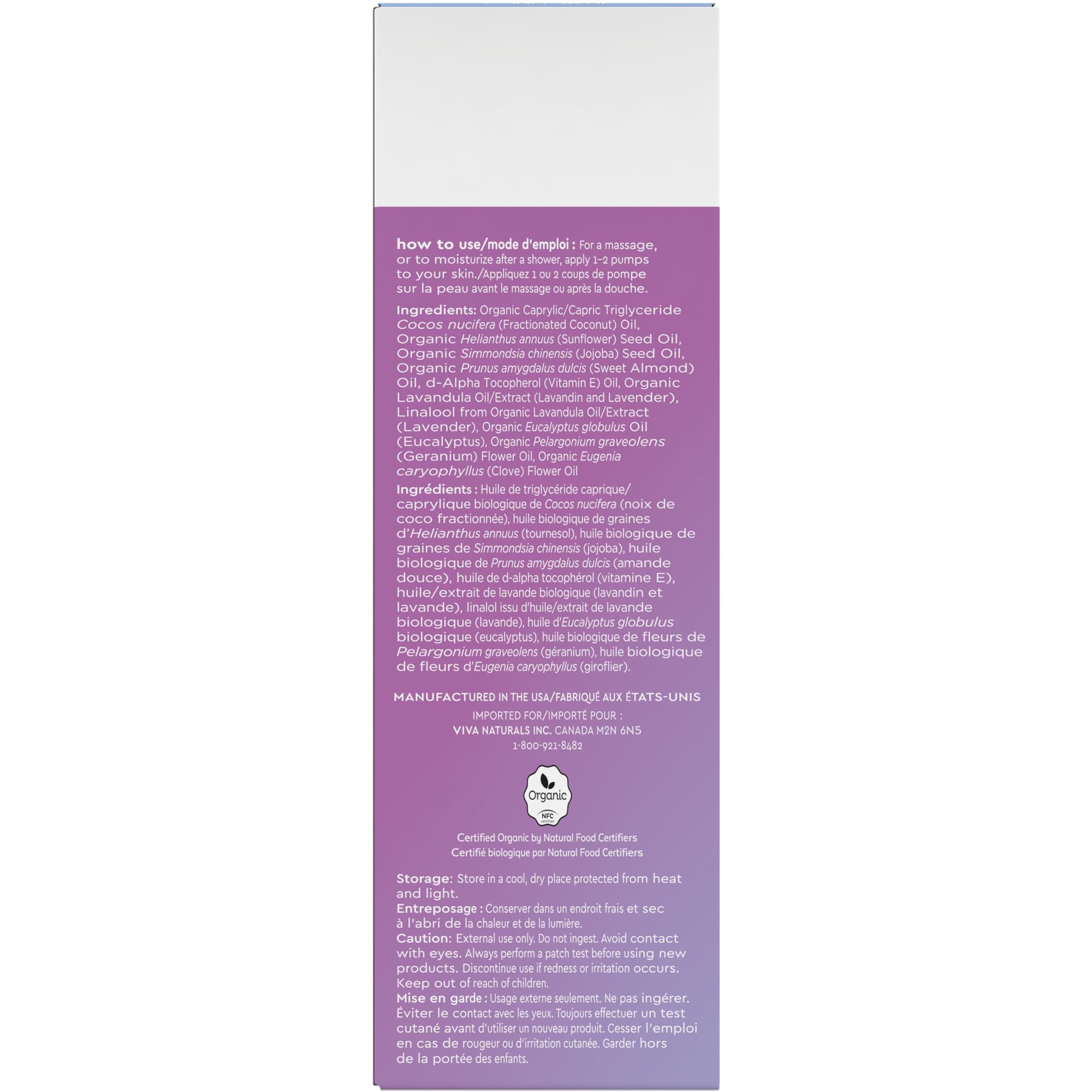 Viva Naturals Organic Massage Oil Scented (8 fl. oz.) - Non-Greasy Relaxation Scented Massage Oil with Mess-Free Pump, Moisturizing Proprietary Lavender Blend Body Oil, Non-GMO and Certified Organic, 237 mL 🍁 All In One Marketplace Canada