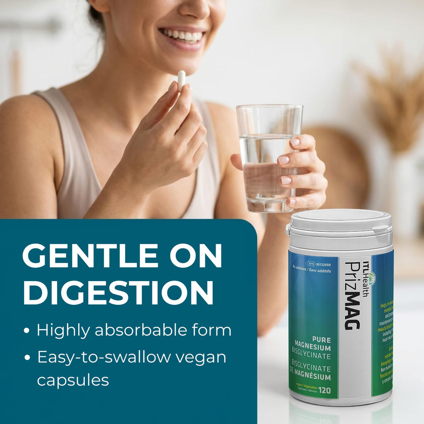 PrizMAG Pure Magnesium Bisglycinate, Magnesium Glycinate, 380mg of Mag Per Serving | Supports Muscle & Bone Health - Gentle on Digestion & High Absorption | Made in Canada - 120 Capsules 🍁 All In One Marketplace Canada