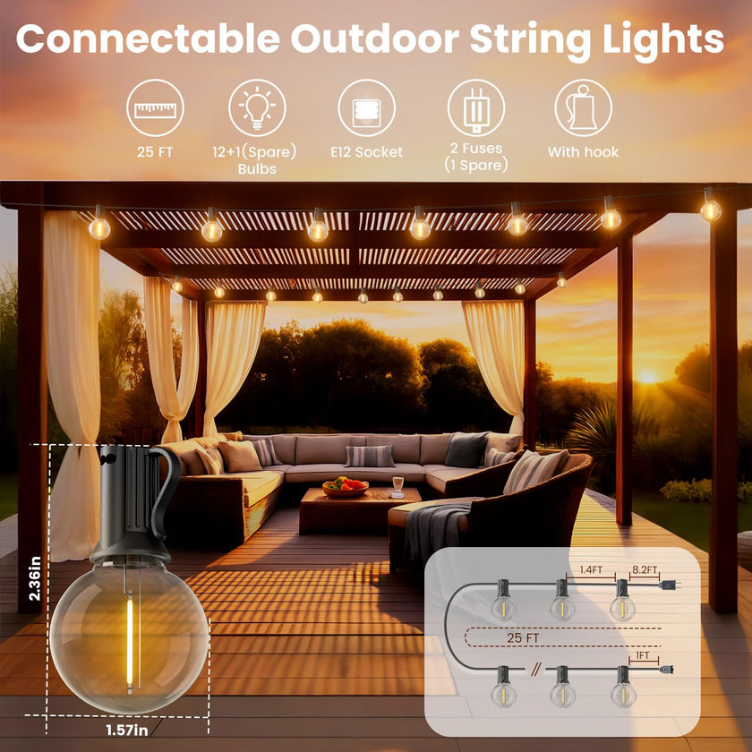RTTY Outdoor String Lights Patio Light for Outside Waterproof G40 Shatterproof LED Bulbs, Dimmable Hanging Connectable Globe Lighting for Bistro, Backyard, Cafe, Porch, 2700K, 25 FT 13pcs 🍁 All In One Marketplace Canada
