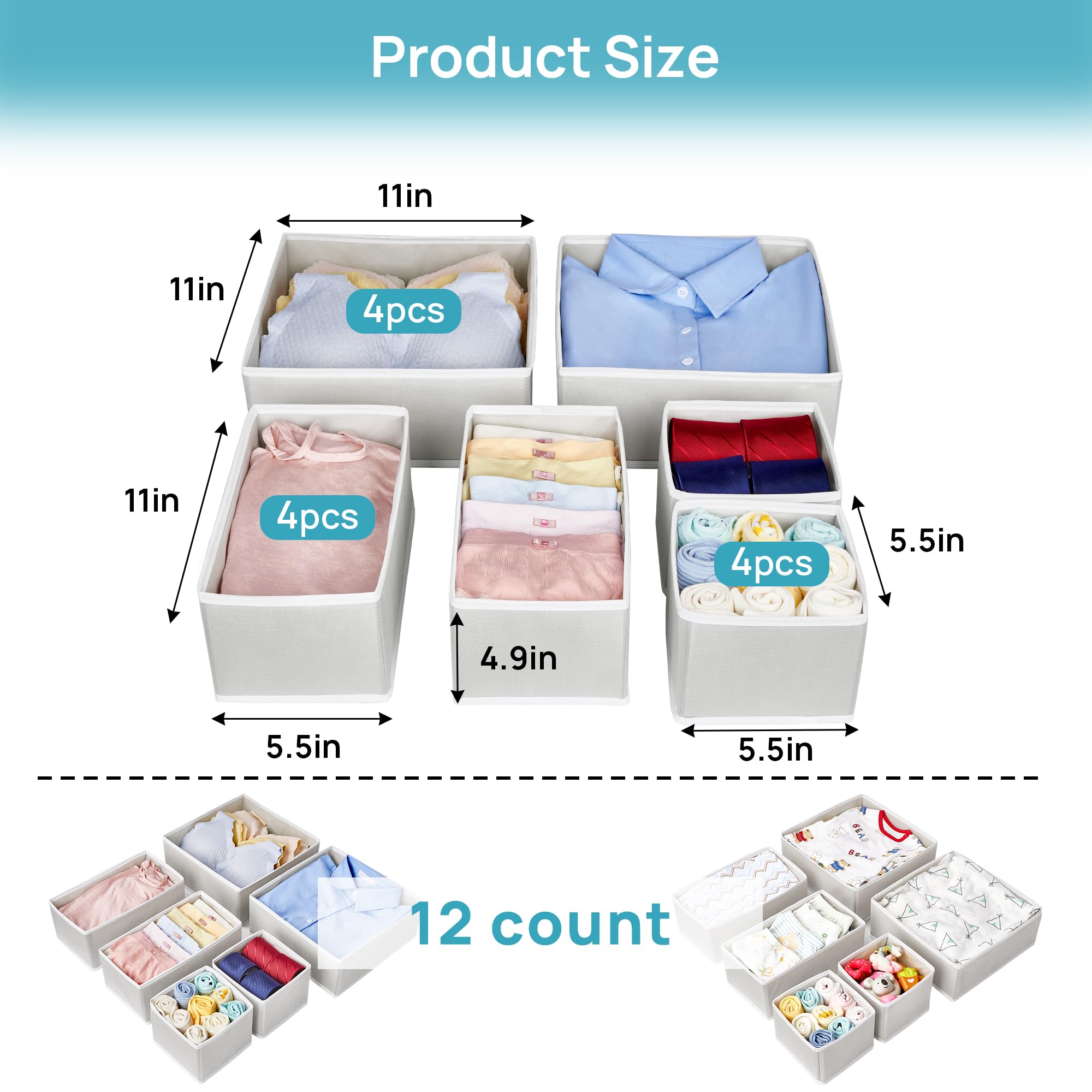 Vtopmart 12Pack Drawer Organizer for Clothes, Underwear Organizer Bins, Foldable Fabric Closet Storage Organization, Dresser Drawer Dividers for Baby Clothing, Bra, Socks, Ties, Scarf 🍁 All In One Marketplace Canada