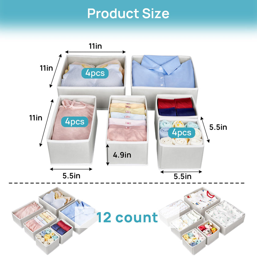 Vtopmart 12Pack Drawer Organizer for Clothes, Underwear Organizer Bins, Foldable Fabric Closet Storage Organization, Dresser Drawer Dividers for Baby Clothing, Bra, Socks, Ties, Scarf 🍁 All In One Marketplace Canada