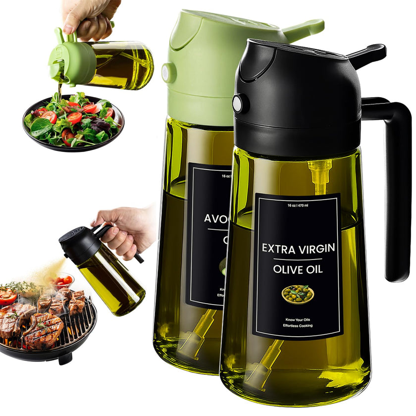 CXINYI 16oz/470ml Olive Oil Dispenser Bottle with Stickers - 2 in 1 Olive Oil Spray Bottle, Air Fryer & Salad, Light-Proof Glass Kitchen Gadgets, Black&Green 🍁 All In One Marketplace Canada