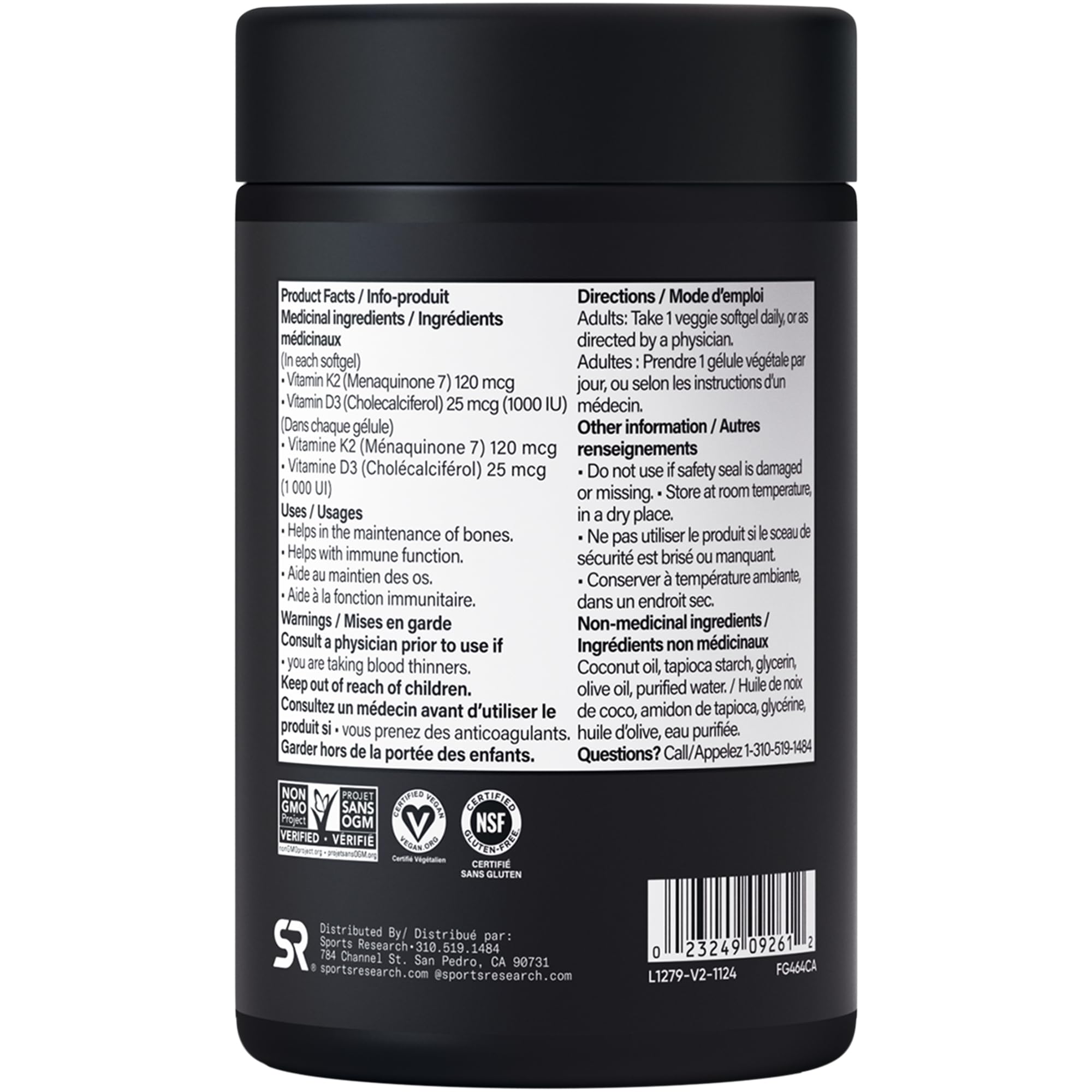 Sports Research® Vitamin D3 + K2 w/Coconut MCT Oil - Vegan Vitamin D 1000iu (25mcg) & Mk-7 Vitamin K 120mcg - Vegan Certified · Non-GMO · Soy Free - 90 Softgels 🍁 All In One Marketplace Canada