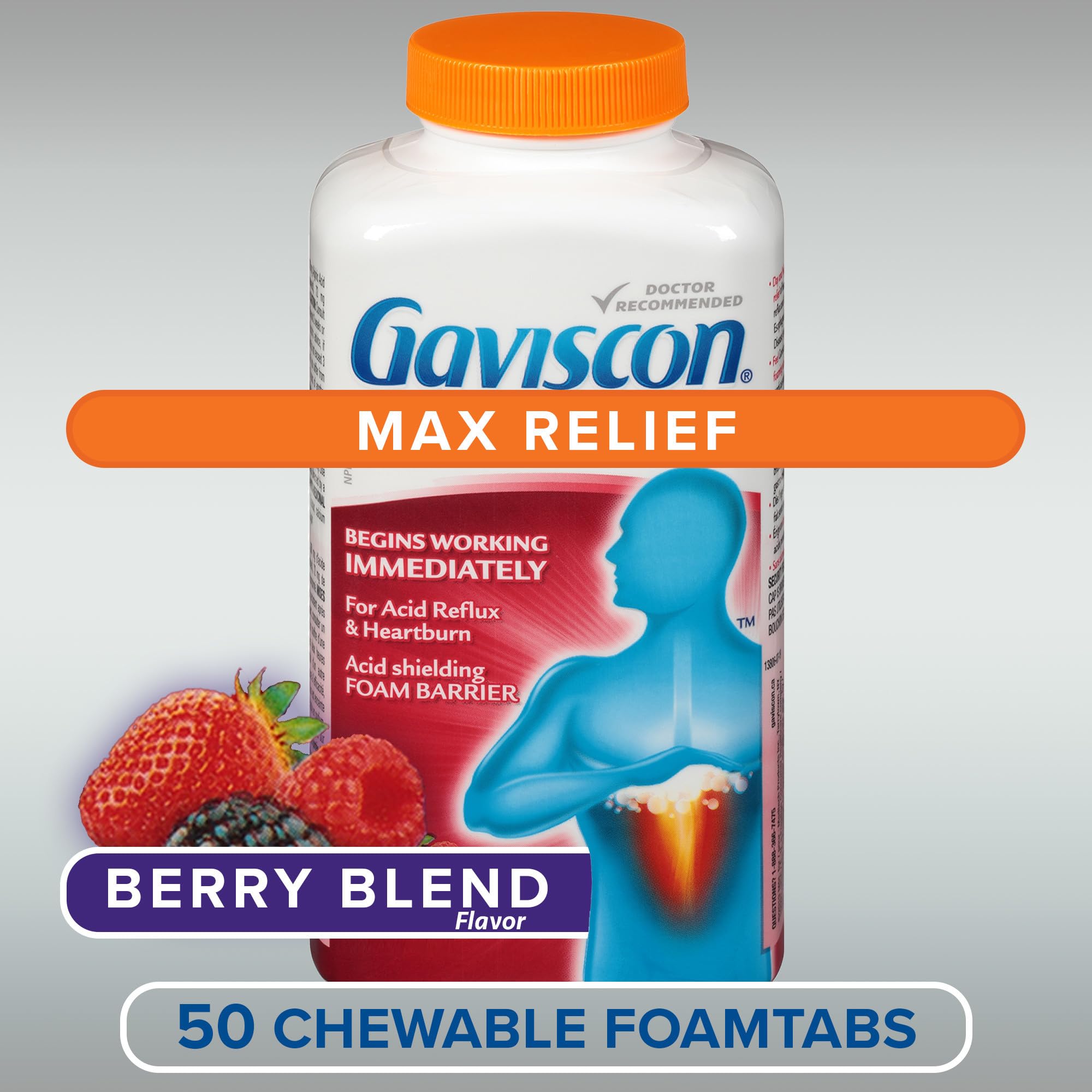 Gaviscon Max Relief Tablets - 50 Count - Chewable Foaming Antacid Tablets for Day and Night Heartburn Relief, Acid Reflux and GERD Relief, Berry Blend - Free of Aluminum, Lactose and Gluten 🍁 All In One Marketplace Canada