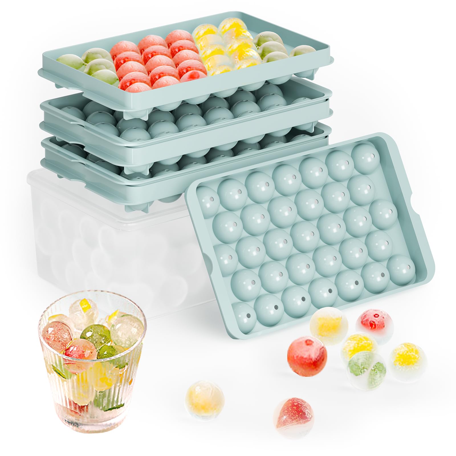 Round Ice Cube Trays with Lid and Bin - 3 Stackable Trays Small Circle Ice Maker Molds for Freezer, 99pcs Round Ice Balls for Chilling Whiskey, Cocktails, Coffee - Easy-Release Sphere Ice Tray 🍁 All In One Marketplace Canada