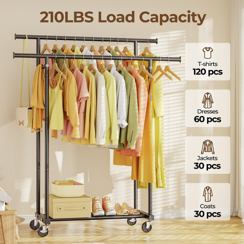 HYSEYY Double Rods Clothing Rack, Rolling Clothes Rack, Metal Garment Rack with 4 Lockable Wheels & Storage Shelf, Sturdy Coat Rack for Bedroom, Laundry, Living Room - 160H x 113W x 42D cm (Black) 🍁 All In One Marketplace Canada