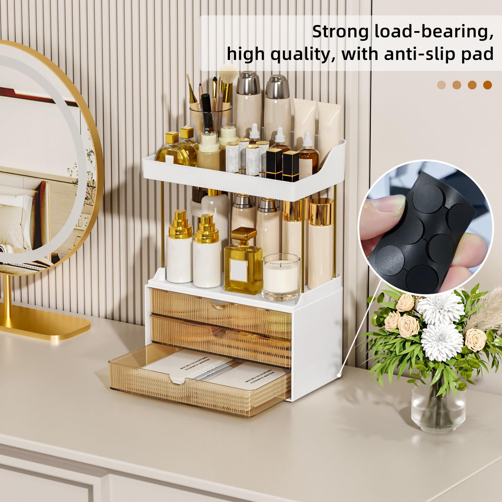 StorBin 3 Large Drawers Makeup Organizer - 5 Tier Bathroom Counter Organizers and Storage, Versatile Perfume Vanity Organizer, Ideal for Cosmetic, Large Skincare, Face Mask, Office Supplies, Amber 🍁 All In One Marketplace Canada