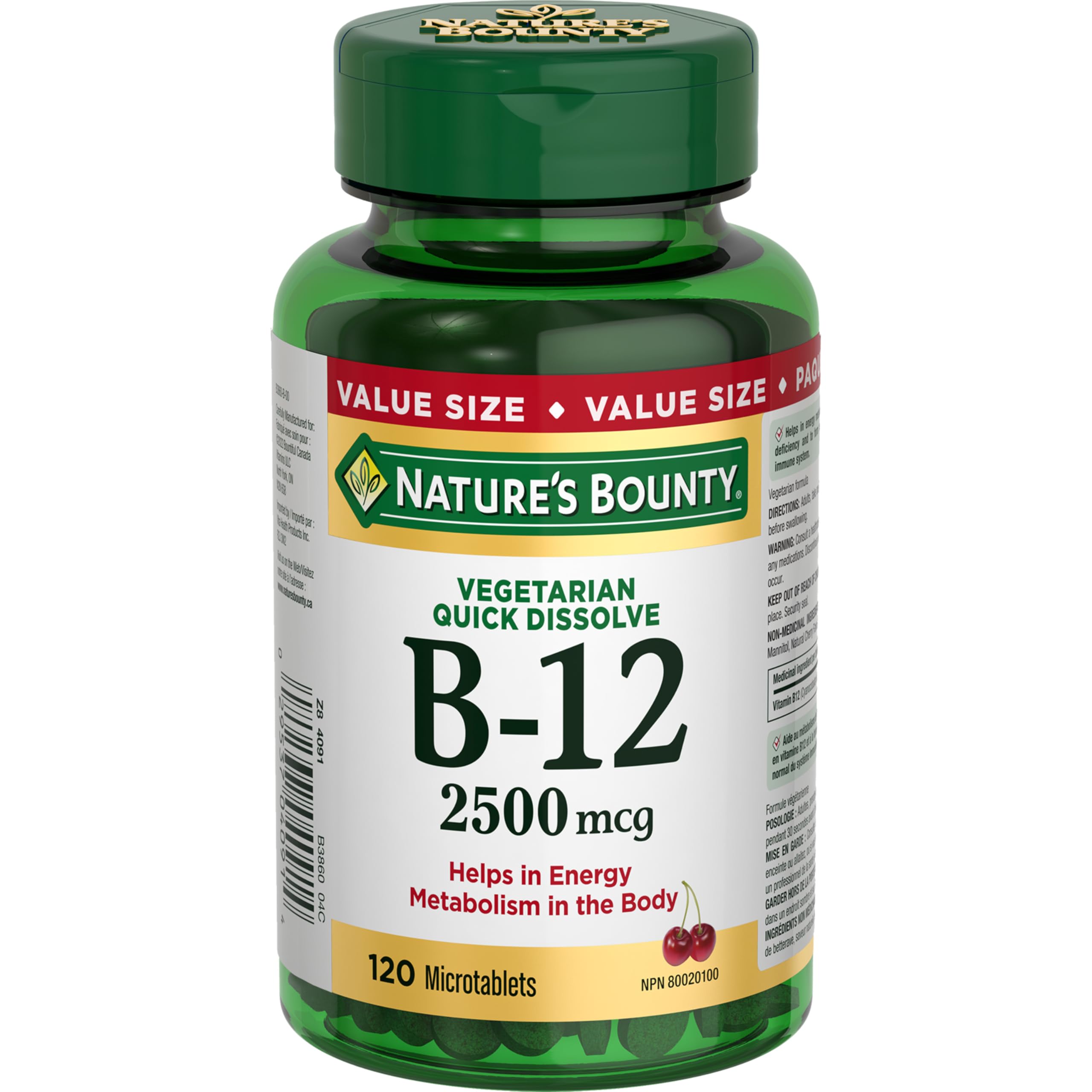 NATURE'S BOUNTY Vitamin B-12 Supplement, 2500 mcg, Quick Dissolve Tablets, Natural Cherry Flavour, Helps In Energy Metabolism, Essential In Normal Formation Of Blood Cells, 120 Tablets, 42 g 🍁 All In One Marketplace Canada
