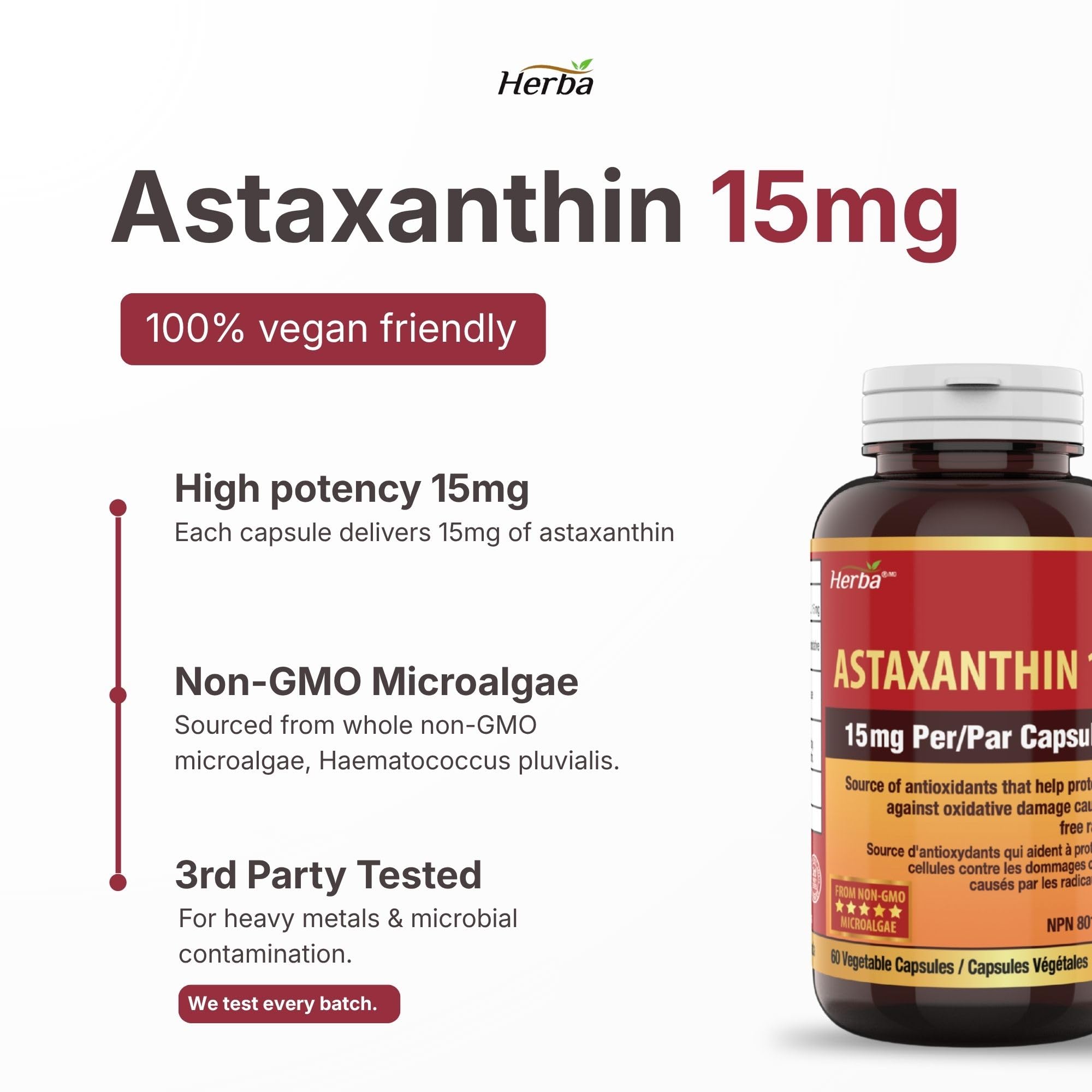 Herba Astaxanthin Supplement 15mg – 60 Vegan Capsules | Made with Non-GMO Micro-algae | Source of Antioxidant | Made and Third Party Tested in Canada 🍁 All In One Marketplace Canada