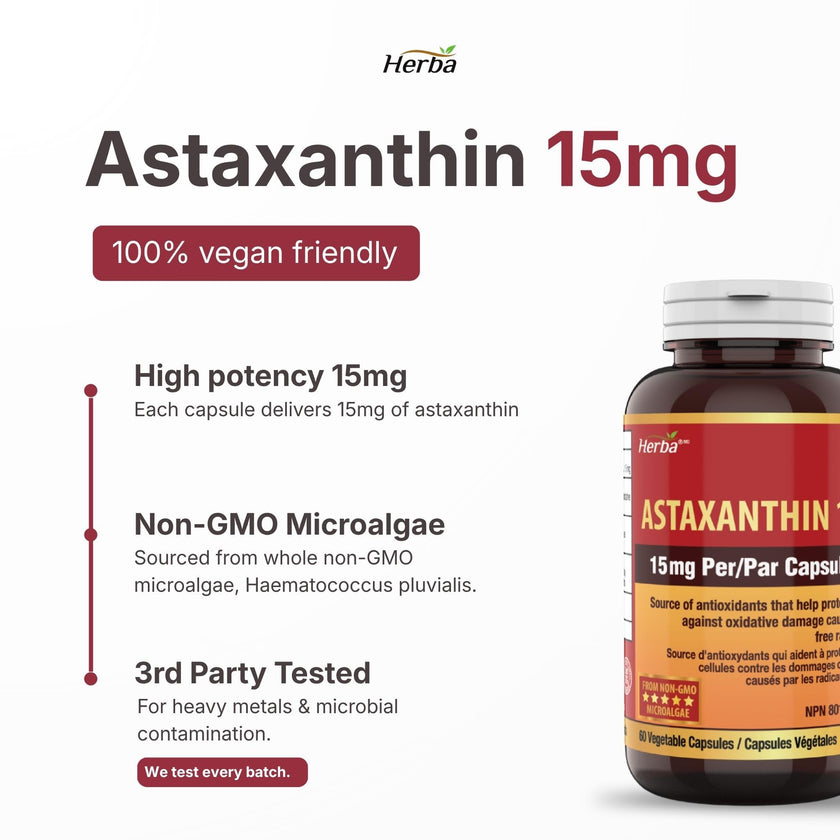 Herba Astaxanthin Supplement 15mg – 60 Vegan Capsules | Made with Non-GMO Micro-algae | Source of Antioxidant | Made and Third Party Tested in Canada 🍁 All In One Marketplace Canada