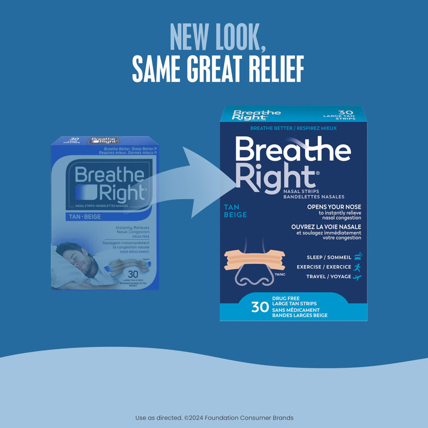Breathe Right Nasal Strips, Original Large, Tan, Drug-Free Snoring Solution & Nasal Congestion Relief Caused by Colds & Allergies, Nightly Sleep, 30 Count 🍁 All In One Marketplace Canada