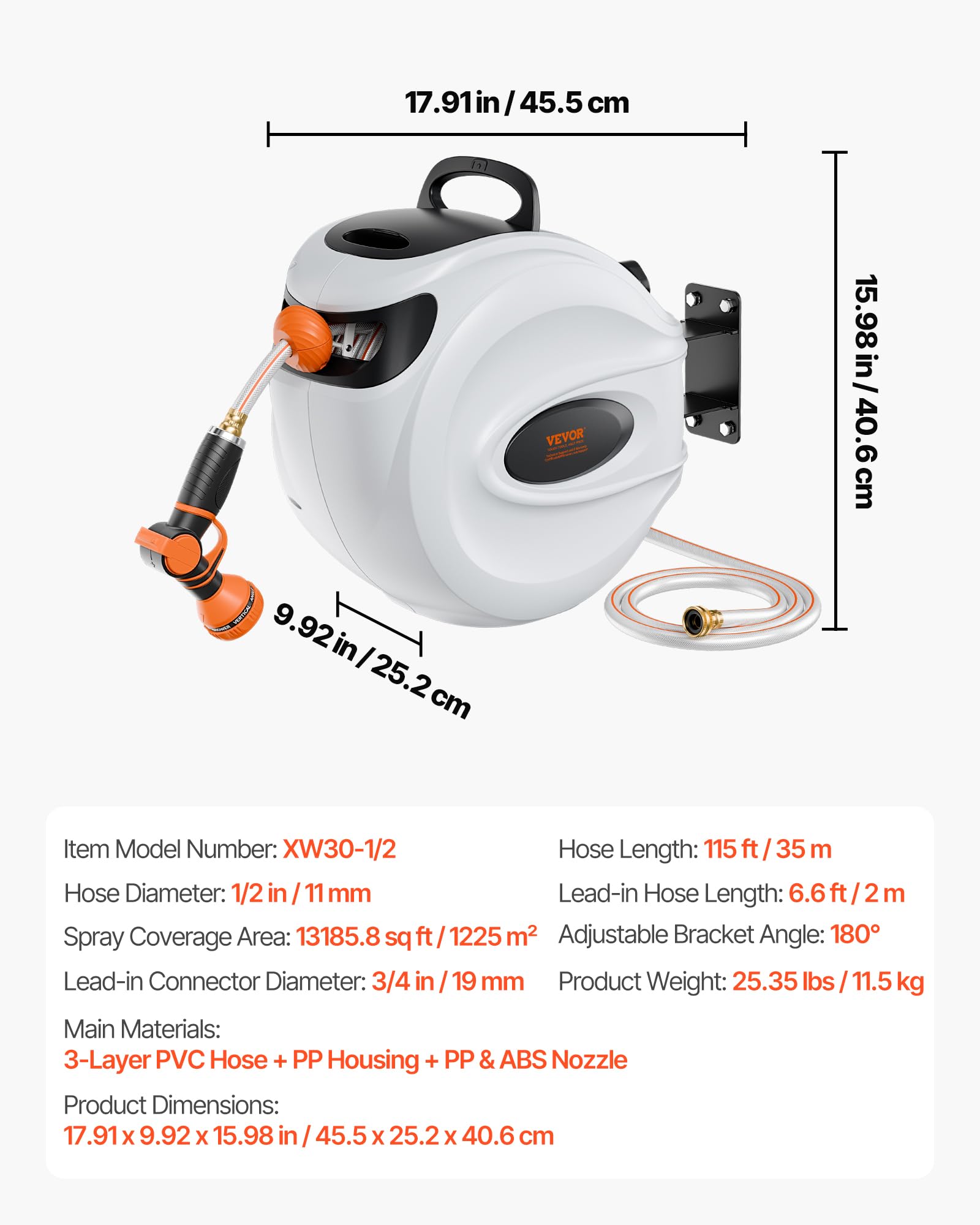 VEVOR Retractable Hose Reel, 115 ft x 1/2 inch, 180° Swivel Bracket Wall-Mounted, Garden Water Hose Reel with 9-Pattern Nozzle, Automatic Rewind, Lock at Any Length, and Slow Return System 🍁 All In One Marketplace Canada