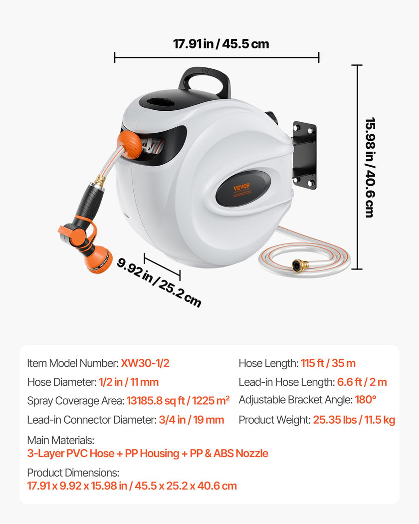 VEVOR Retractable Hose Reel, 115 ft x 1/2 inch, 180° Swivel Bracket Wall-Mounted, Garden Water Hose Reel with 9-Pattern Nozzle, Automatic Rewind, Lock at Any Length, and Slow Return System 🍁 All In One Marketplace Canada