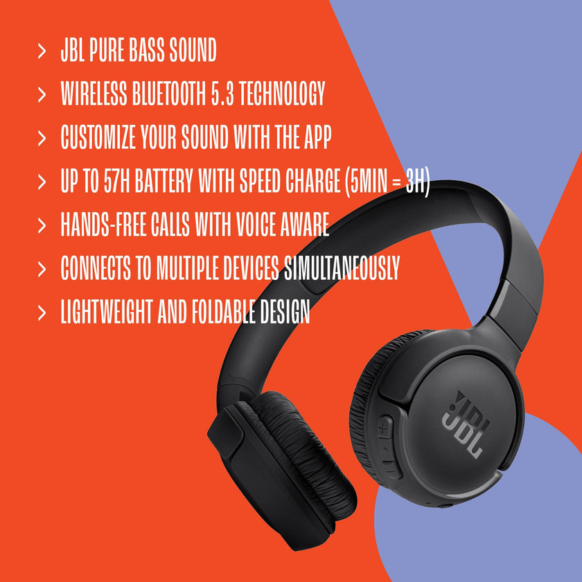 JBL Tune 520BT - Wireless On-Ear Headphones, Up to 57H Battery Life and Speed Charge, Lightweight, Comfortable and Foldable Design, Hands-Free Calls with Voice Aware (Black) 🍁 All In One Marketplace Canada