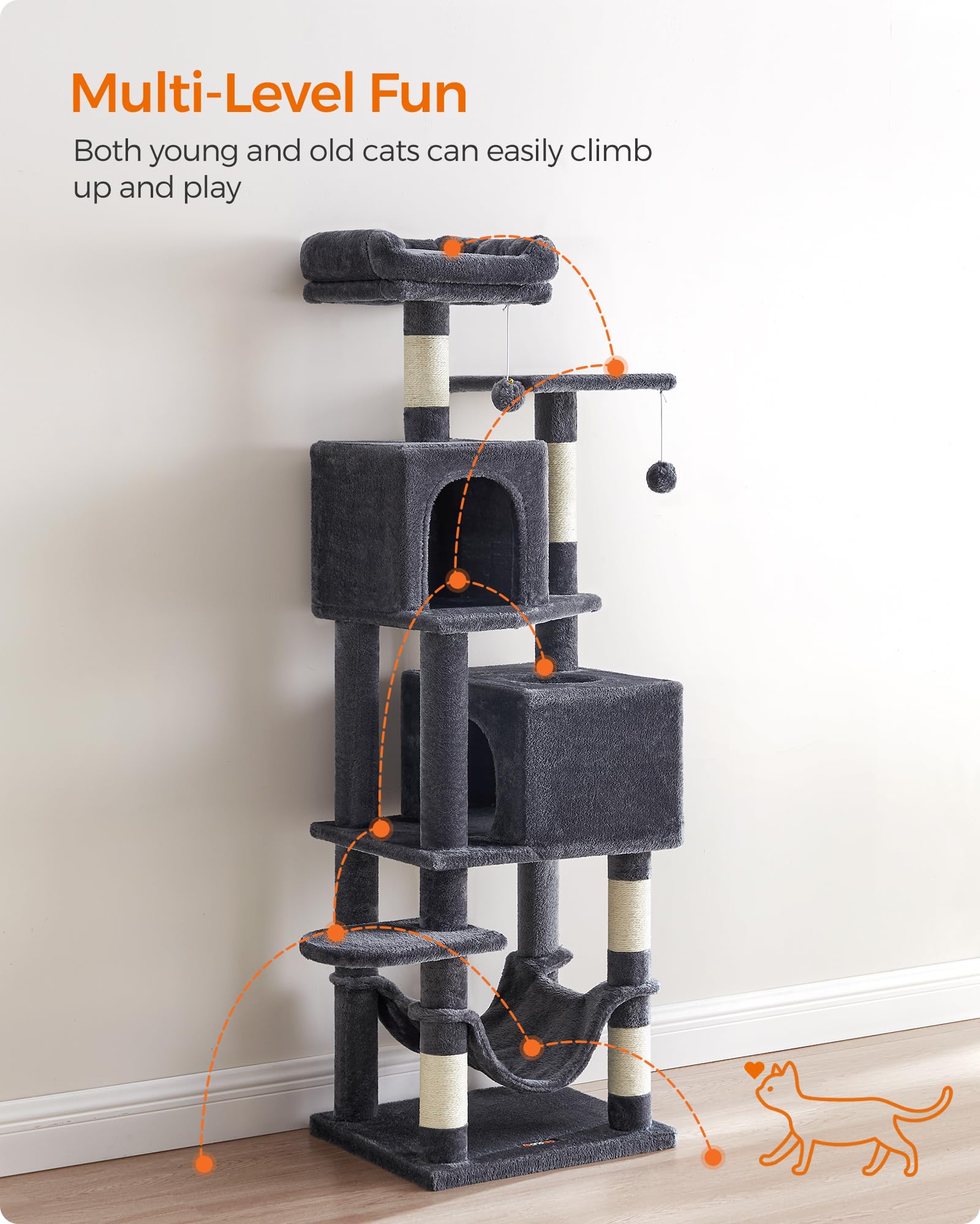 Feandrea Cat Tree Tower, 155 cm Multi-Level Cat Condo with 5 Scratching Posts, 2 Perches, 2 Caves, Hammock, 2 Pompoms, Smoky Gray UPCT192G01 🍁 All In One Marketplace Canada