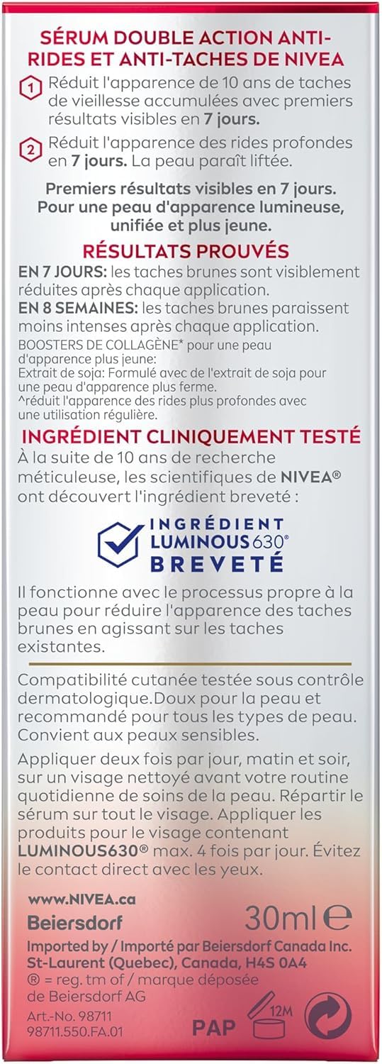 NIVEA LUMINOUS630 Anti-Wrinkle & Spot Face Serum, Hyaluronic Acid, 30mL 🍁 All In One Marketplace Canada