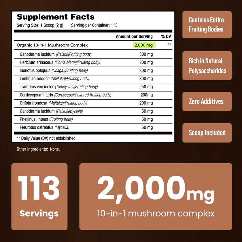 Organic Mushroom Powder - 10-in-1 Complex - Mushroom Supplement Powder Blend for Memory, Focus & Immune Support - Mushroom Blend For Coffee, Water, Smoothies - 8oz 🍁 All In One Marketplace Canada