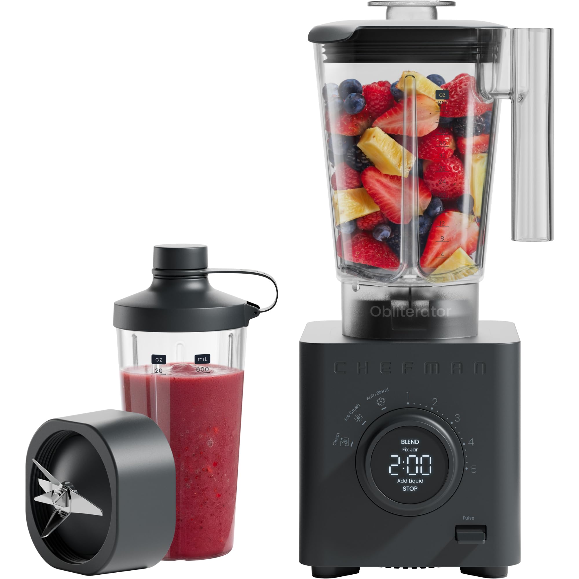 Chefman Obliterator 48 oz Countertop Blender for Smoothies, 1380W Motor to Crush Ice, Nuts, and Frozen Fruit with Stainless Steel Blade, Auto Blend Function, Includes 20 oz Travel Jar - Midnight 🍁 All In One Marketplace Canada