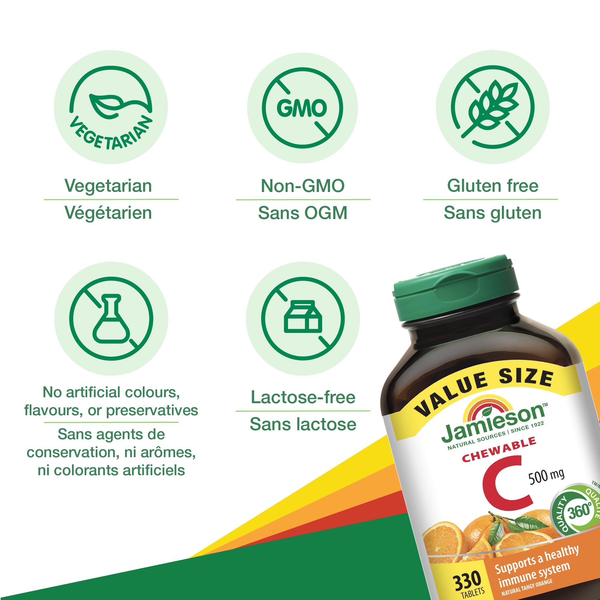 Jamieson Chewable Vitamin C 500 mg Natural Tangy Orange, Supports Immune Health, Strong Teeth and Bones. Family Friendly (4+), Vegetarian, Non-GMO, Gluten-Free, No Artificial Flavours, Colours, or Preservatives, 330 Count, Proudly Canadian