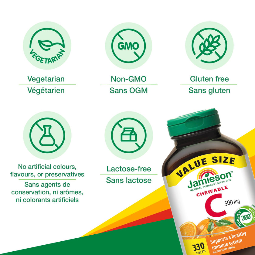 Jamieson Chewable Vitamin C 500 mg Natural Tangy Orange, Supports Immune Health, Strong Teeth and Bones. Family Friendly (4+), Vegetarian, Non-GMO, Gluten-Free, No Artificial Flavours, Colours, or Preservatives, 330 Count, Proudly Canadian