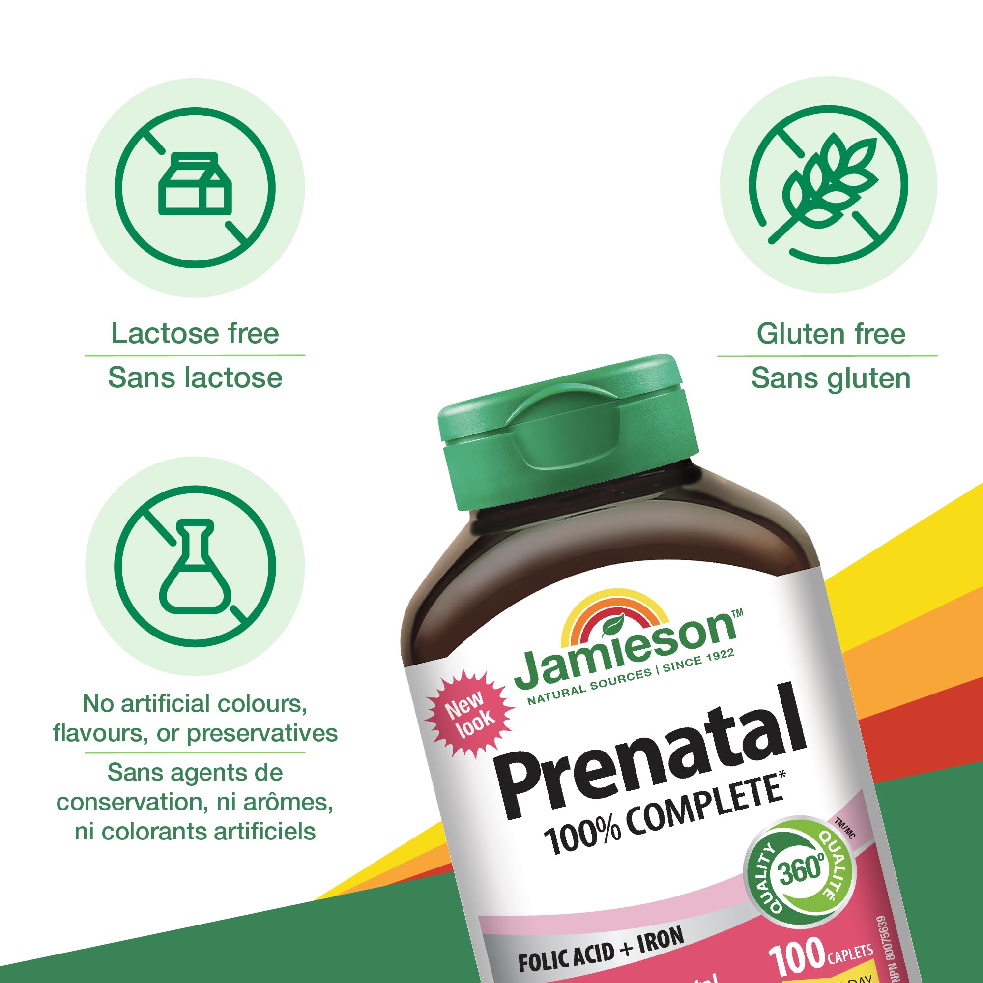 Jamieson Prenatal 100% Complete Multivitamin with Folic Acid and Iron, 100 Caplets. Formulated for Prenatal and Postnatal, and While Breastfeeding, Prevents Neural Tube Defects, One Per Day 🍁 All In One Marketplace Canada