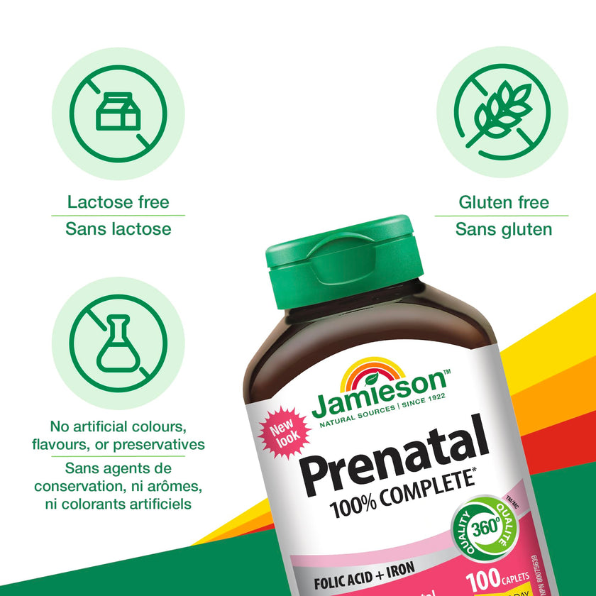 Jamieson Prenatal 100% Complete Multivitamin with Folic Acid and Iron, 100 Caplets. Formulated for Prenatal and Postnatal, and While Breastfeeding, Prevents Neural Tube Defects, One Per Day 🍁 All In One Marketplace Canada